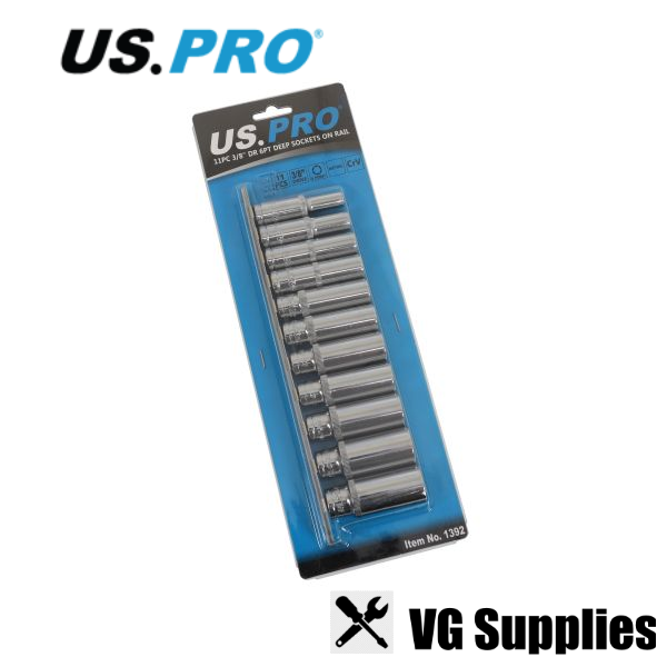 US PRO 11PC 3/8" DR 6PT DEEP SOCKETS 8 - 19MM ON RAIL 1392