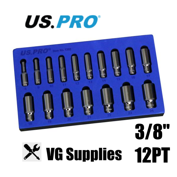 US PRO 17PC 3/8" DR 12PT DEEP SOCKETS 8 - 24MM 1398