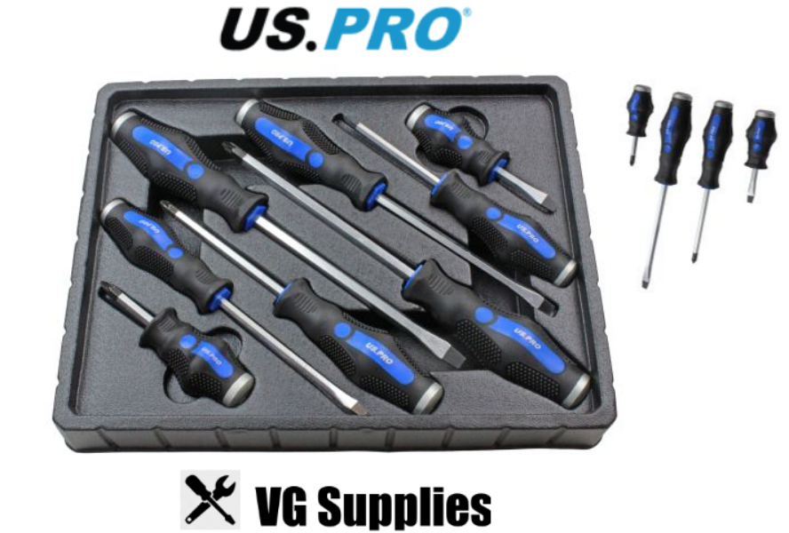 US PRO 8PC GO-THRU SCREWDRIVER SET POZI + SLOT 1619