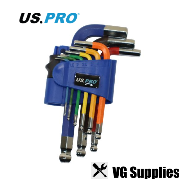 US PRO 9PC MULTICOLOURED SHORT METRIC BALL END HEX KEY SET 1632