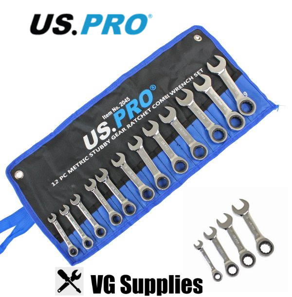 US PRO 12 PC METRIC STUBBY GEAR RATCHET COMBI WRENCH SET 2045