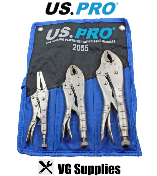 US PRO 3PC LOCKING PLIERS SET WITH RIBBED HANDLES 2055