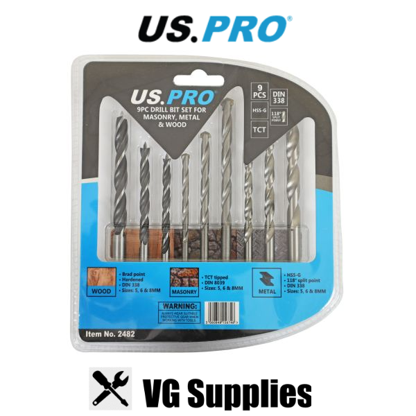 US PRO 9PC DRILL BIT SET FOR MASONRY, METAL AND WOOD 2482