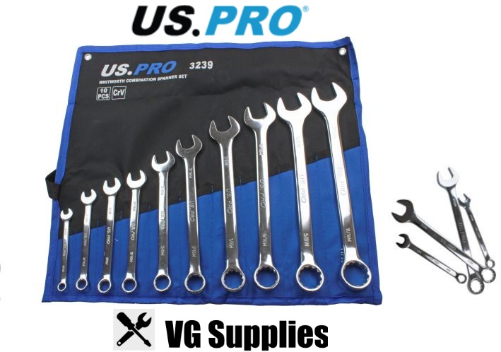 US PRO 10PC WHITWORTH COMBINATION SPANNER SET 1/8" - 11/16" 3239