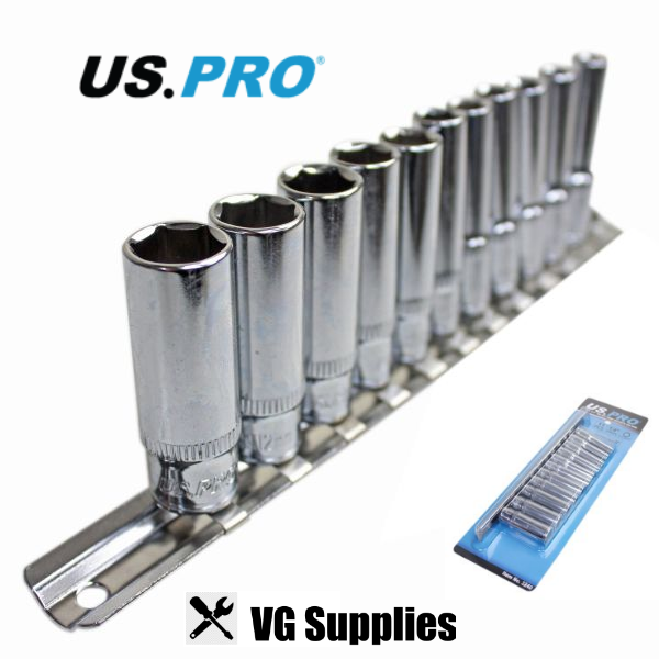 US PRO 11PC 1/4" DR 6PT DEEP SOCKETS ON RAIL 3240