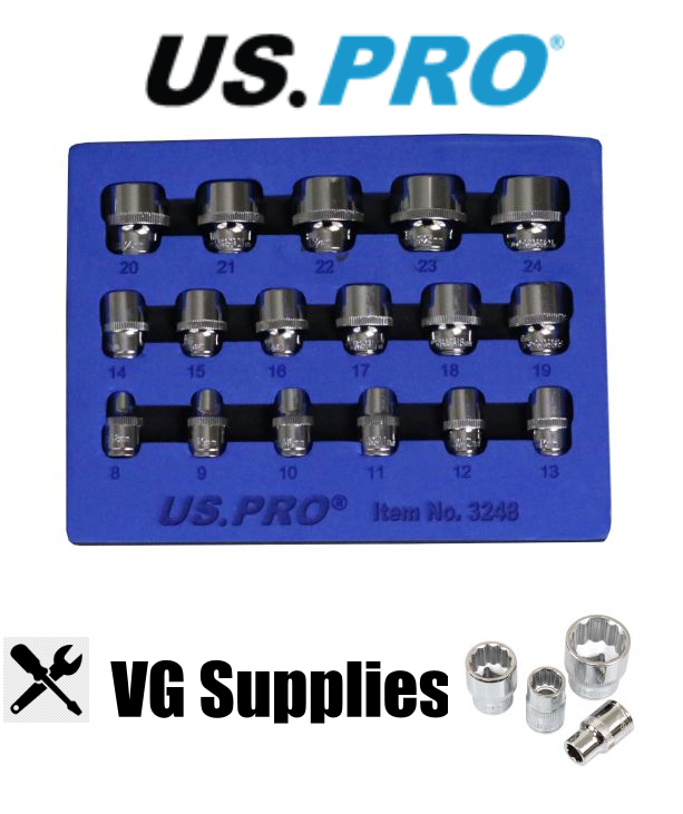 US PRO 17PC 3/8" DR 12PT SHALLOW SOCKETS 8 - 24MM 3248