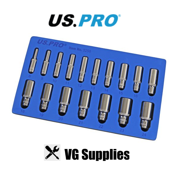 US PRO 17PC 3/8" DR 6PT DEEP SOCKETS 8 - 24MM 3258