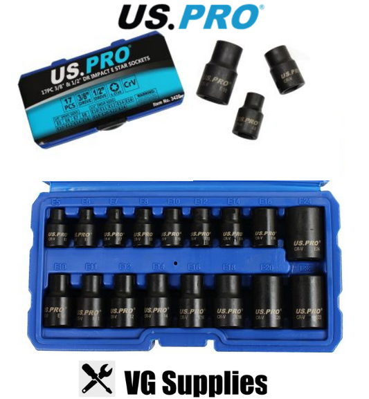 US PRO 17PC 3/8" 1/2" DR IMPACT E STAR SOCKETS 3420