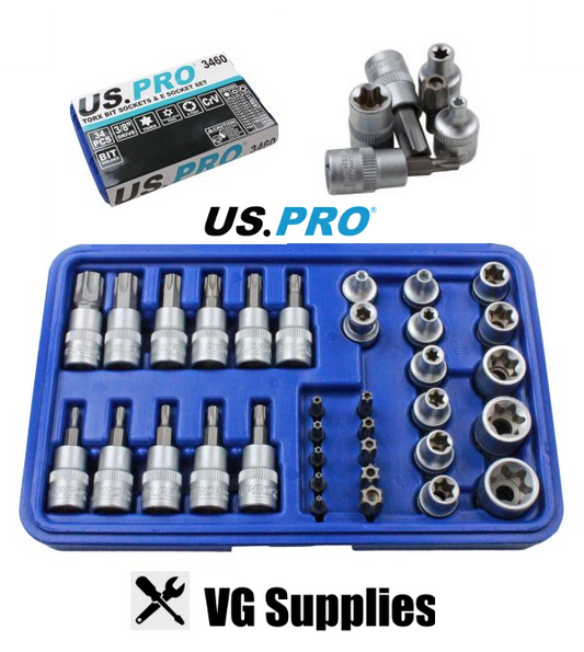 US PRO 34PC 3/8" DR TORX BIT SOCKETS & E SOCKET SET 3460