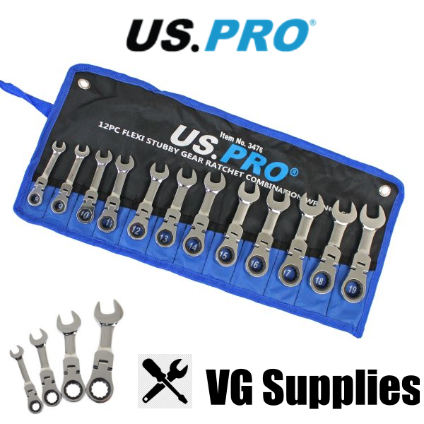 US PRO 12PC FLEXI STUBBY GEAR RATCHET COMBINATION WRENCH SET 3476