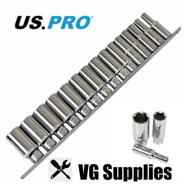 US PRO 15PC 3/8" DR 6PT DEEP SOCKETS ON RAIL 8 - 22MM 3648