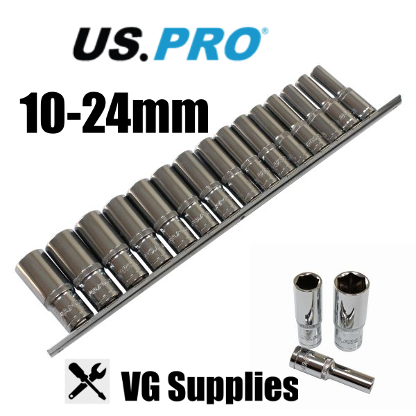 US PRO 15PC 1/2" DR 6PT DEEP SOCKETS ON RAIL 10 - 24MM 3649