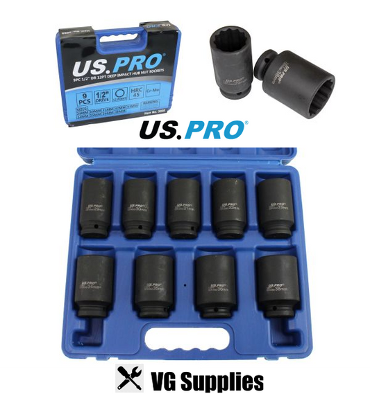 US PRO 9PC 1/2" DR 12PT DEEP IMPACT HUB NUT SOCKETS  3688