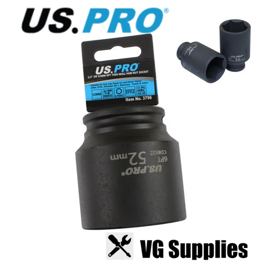 US PRO SINGLE 1/2" DR 52MM 6PT THIN WALL HUB NUT SOCKET 3796