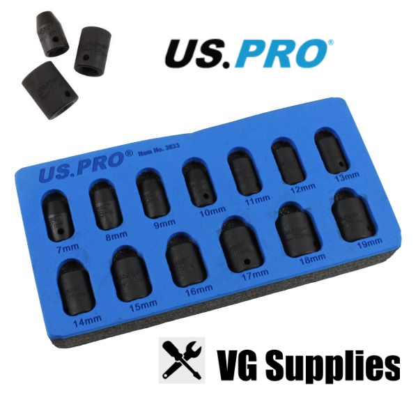 US PRO  13PC 3/8" DR SHALLOW IMPACT SOCKETS METRIC 7 - 19MM 3833