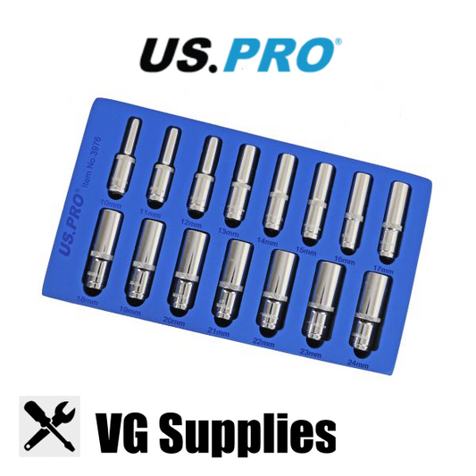 US PRO 15PC 1/2" DR 6PT DEEP SOCKETS 10-24MM IN EVA TRAY 3976