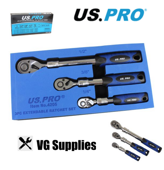 US PRO 3PC EXTENDABLE RATCHET SET 1/4", 3/8" & 1/2" DRIVES 4205