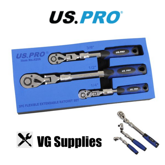 US PRO 3PC FLEXIBLE EXTENDABLE RATCHET SET 1/4", 3/8" & 1/2" DRIVES 4206