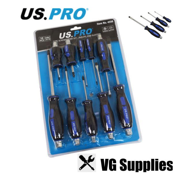 US PRO 10PC SCREWDRIVER SET PHILIPS AND SLOTTED 4598