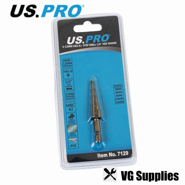 US PRO 4-12MM HSS-G+ STEP DRILL 1/4" HEX SHANK 7129