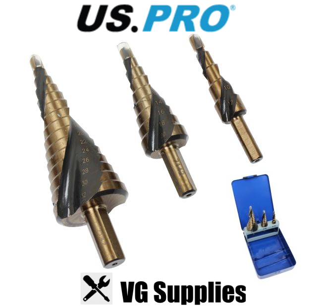 US PRO 3PC 4-32MM HSS-G+ SPIRAL STEP DRILL SET 7142