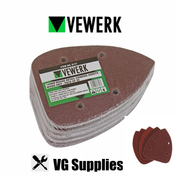 US PRO/VEWERK 140MM MOUSE DETAIL SANDING SHEETS MIXED GRIT - 50 PACK 8117