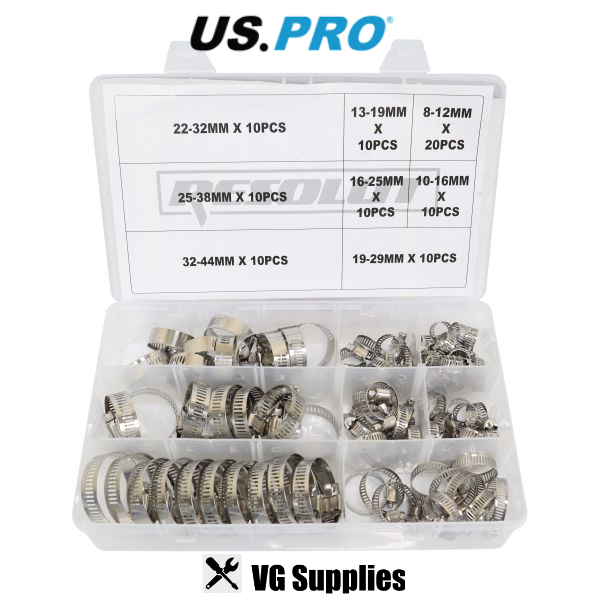 US PRO 91PC ASSORTED STAINLESS STEEL HOSE CLAMPS 8 - 44MM 9199