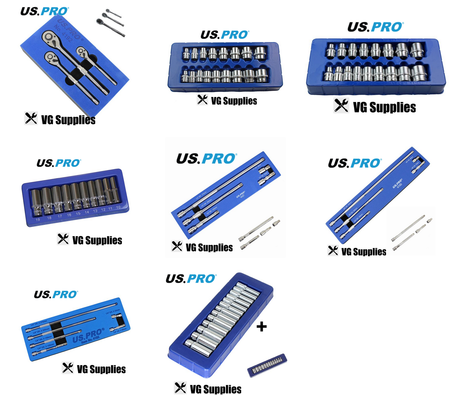 US PRO 1/2" 3/8" & 1/4" Sockets Extensions Bundle